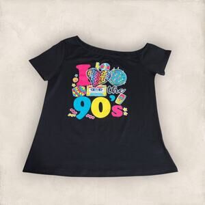 I Love the 90s Black Neon Retro Off Shoulder Graphic Tee Size Small